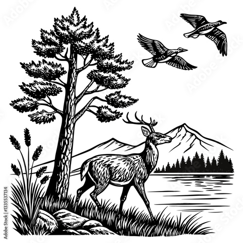 Vector hand-drawn a Whitetail deer under tree, mountain, lake