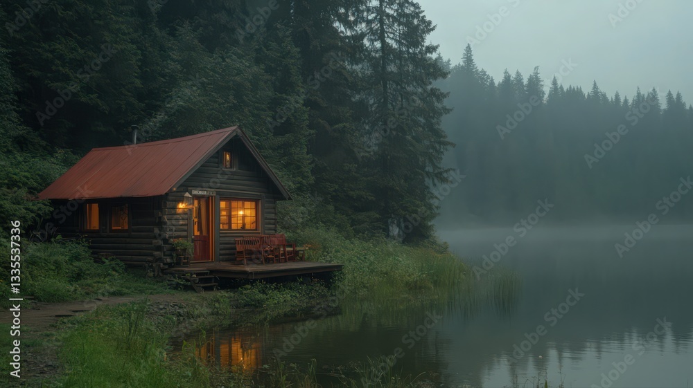 Fototapeta premium Lakeside Log Cabin at Dusk: Tranquil Forest Setting