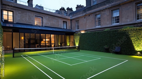 Wallpaper Mural Hotel tennis court with well-maintained turf, bright lights, and a stylish modern setting. Torontodigital.ca