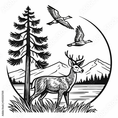 Vector hand-drawn a Whitetail deer under tree, mountain, lake