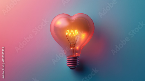 Heart-shaped glowing lightbulb on a pastel pink and blue background, symbolizing love, creativity, bright ideas, and romantic inspiration.