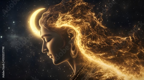 A divine 3D vision of Lord Shiva with the crescent moon glowing on his forehead, the Ganges flowing from his hair, radiating celestial energy.