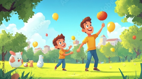 Joyful father-son bonding park animated scene sunny day playful interaction family fun
