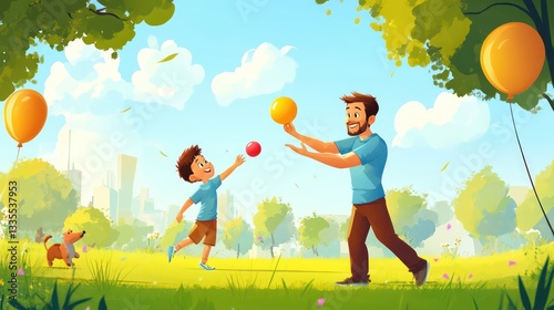 Father and son playing catch in a vibrant park family bonding fun day outdoors joyful atmosphere bright colors