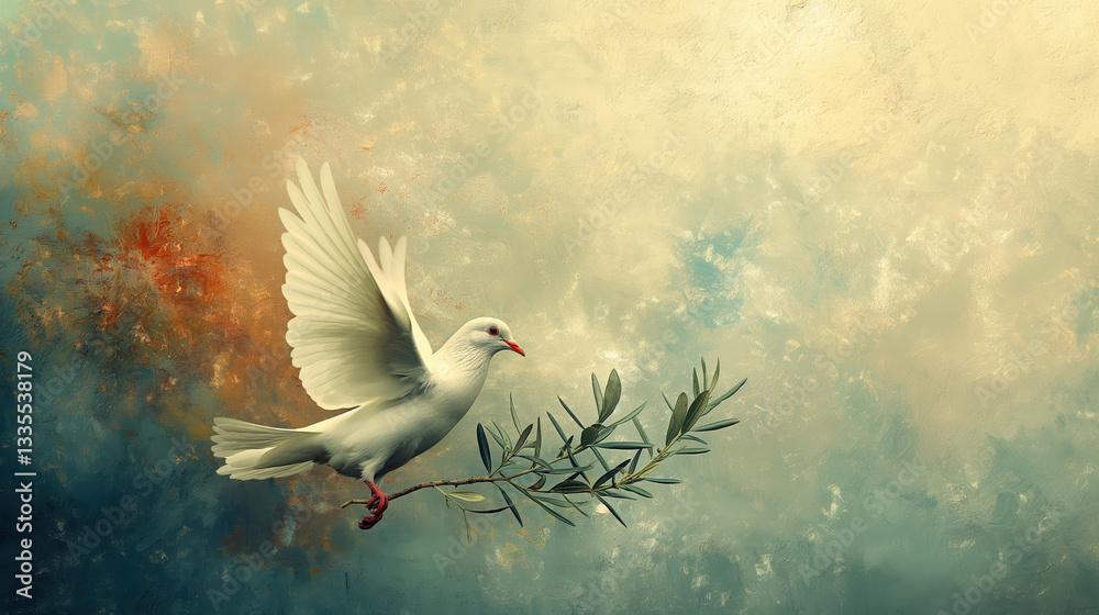 Fototapeta premium White dove with olive branch soaring against textured artistic background, symbolizing peace, hope, and harmony in a spiritual and symbolic way.