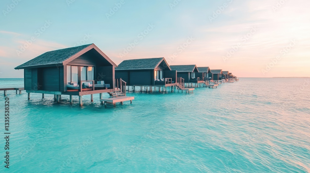 Luxury beach resort with overwater bungalows, crystal-clear turquoise water, and a stunning sunset view. Luxury beach resort with overwater bungalows, crystal-clear turquoise water, and a stunning sunset view.
