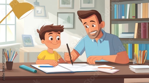 Father and son bonding over homework family home animated story cozy workspace heartwarming learning experience