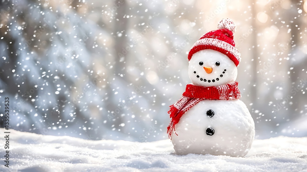 Cheerful snowman in snowy forest