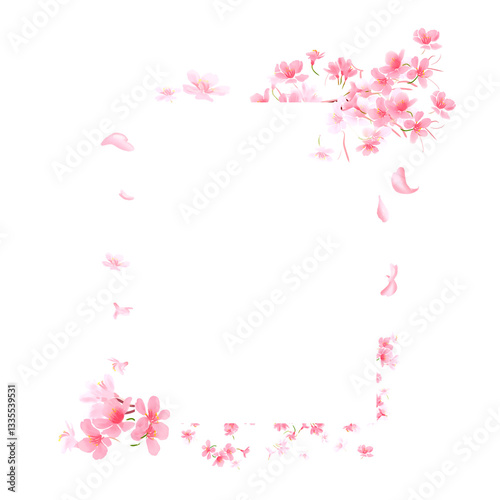 Digital spring frame with pink flowers and sakura petals.