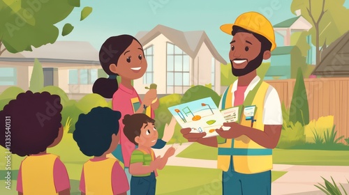 Community engagement event neighborhood park illustrated scene outdoor eye-level child education and environmental awareness