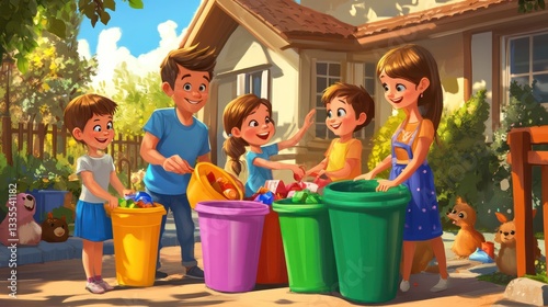 Family recycling day fun backyard illustration sunny environment playful viewpoint eco-conscious concept