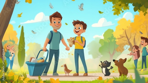 Boys enjoying a fun day at the park with animals outdoor adventure vibrant nature playful atmosphere heartwarming bond
