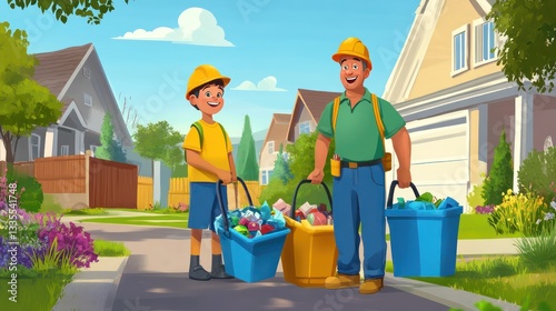 Community clean-up day neighborhood heroes collecting trash local streets cartoon illustration bright and cheerful uplifting scene