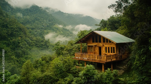 Rainforest eco-hotel with a balcony immersed in lush greenery and misty hills.