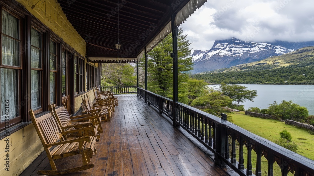 Rustic lodge hotel with a wooden terrace facing a peaceful mountain lake. Rustic lodge hotel with a wooden terrace facing a peaceful mountain lake.