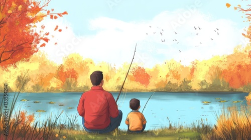 Father and son fishing adventure serene lake digital art autumn landscape side view family bonding