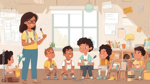 Creative arts workshop classroom illustration bright setting engaging view educational experience