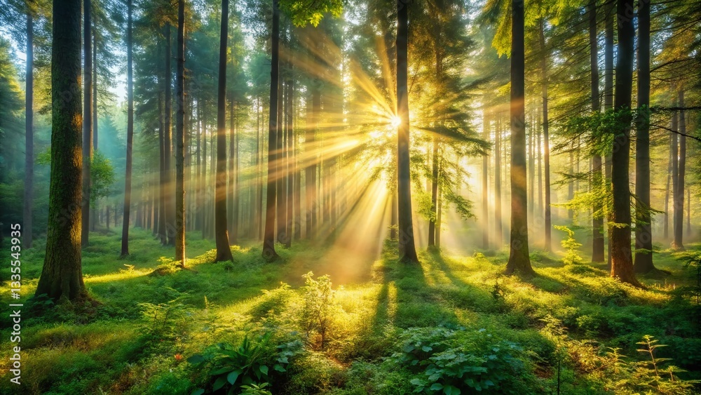 Fototapeta premium Vintage Summer Morning Sunlight in Lush Green Forest Panoramic