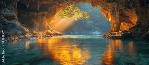 Fototapeta Naklejka Na Ścianę i Meble -  Sunlit lagoon in sea cave with jungle backdrop