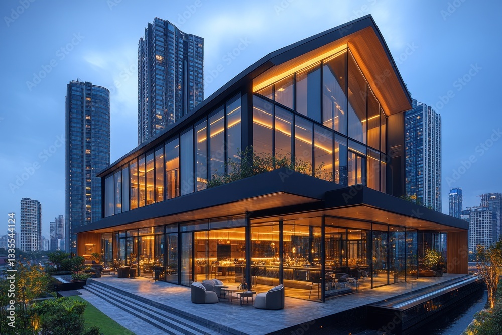 Fototapeta premium Modern rooftop bar in city at twilight