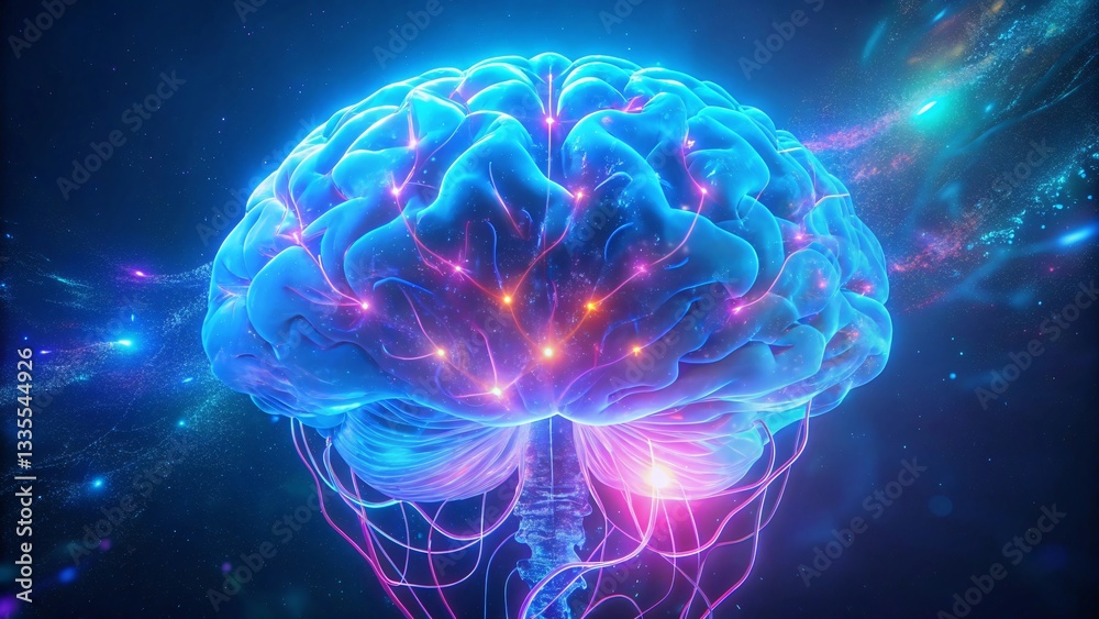 Obraz premium Human brain with glowing neural connections, a concept of intelligence, innovation, and future technology on a dark background