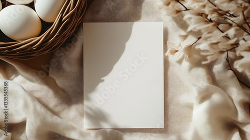 Elegant empty canvas on a fabric backdrop with natural elements and eggs showcasing a minimalist style : Generative AI