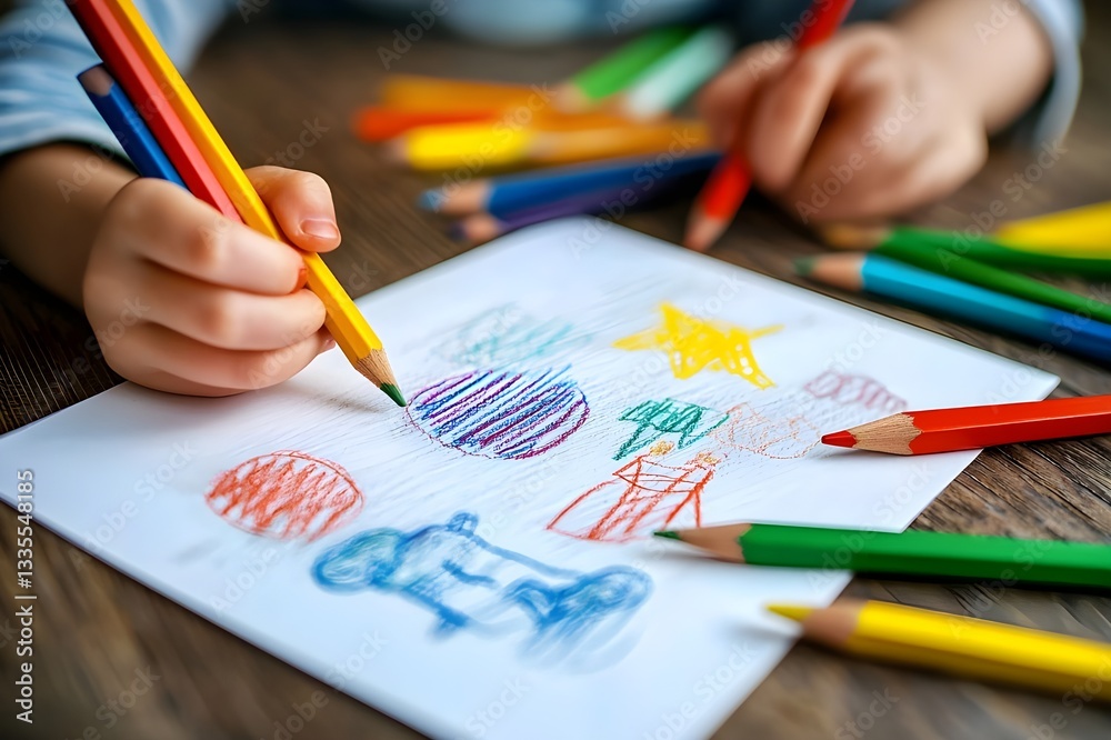 children's drawing with colored pencils, children's creative development children's drawing with colored pencils, children's creative development