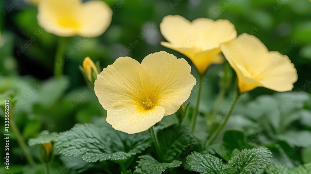 Pale Yellow Flowers with Sparkling Petals and Lush Green Foliage Pale Yellow Flowers with Sparkling Petals and Lush Green Foliage