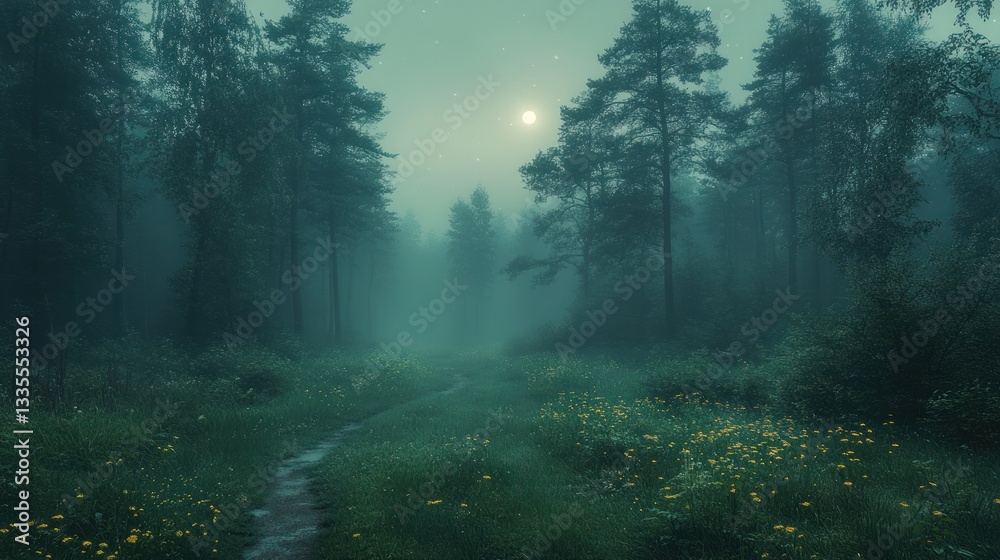 Fototapeta premium Misty forest path at night under a full moon (1)