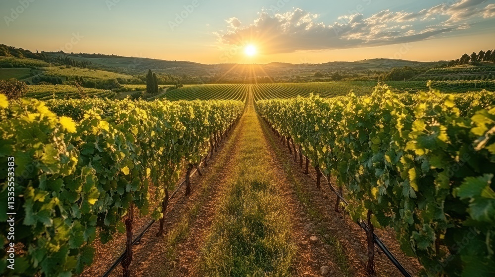 Fototapeta premium Sunset vineyard rows, golden hour, tranquil farmland, harvesting season