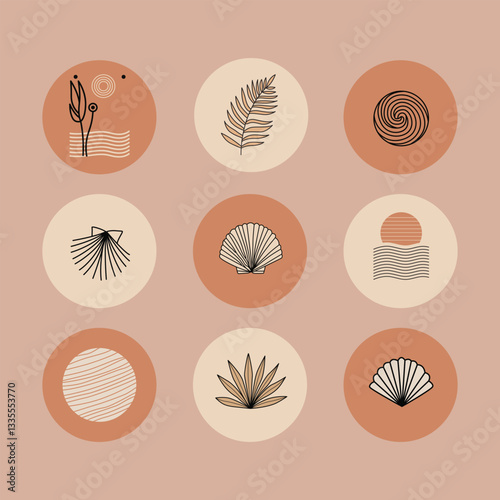 Boho coastal social media highlight icons featuring seashells, waves, sun, palm leaves, and abstract nature elements in earthy tones. Perfect for beach, travel, tropical, and aesthetic branding.