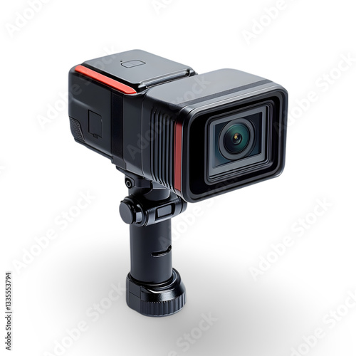 Modern Action Camera with Adjustable Mount and High-Resolution Wide-Angle Lens, Isolated on White Background, Ideal for Sports, Adventure, and Outdoor Videography photo