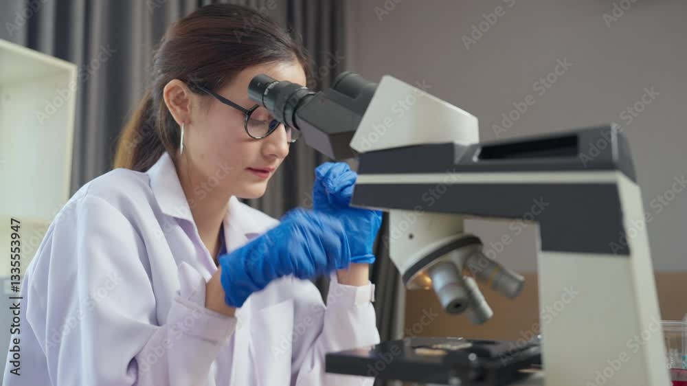 Focused woman in lab coat with blue gloves examines samples under microscope, showcasing dedication to scientific research and curiosity in modern laboratory setting.