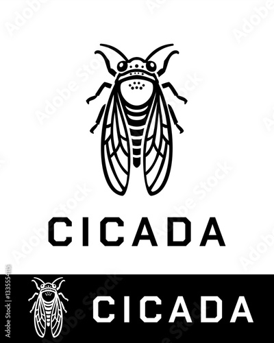 Modern, abstract and minimalist black and white logo design featuring a symmetrical cicada insect illustration with thick lines and geometric patterns
