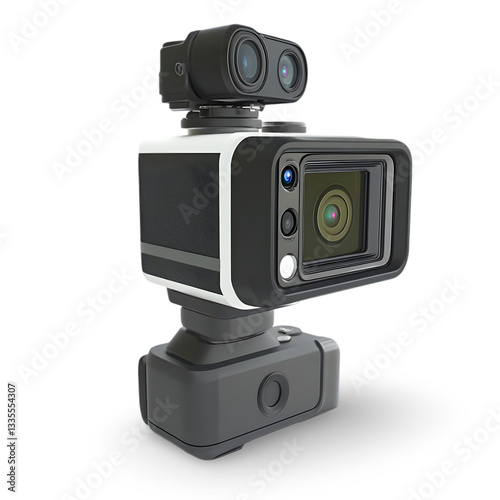 Advanced Dual-Lens Action Camera with Stabilizer and 3D Depth Sensors, Isolated on White Background, Perfect for Professional Videography, Adventure, and Sports photo