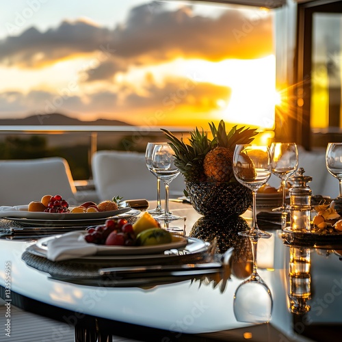 Sunset Yacht Dinner Golden Hour Table Setting with Fruit Platters