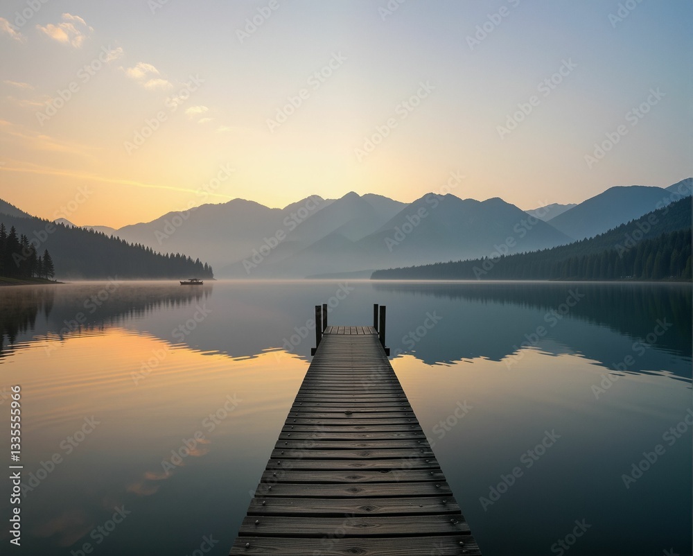 Naklejka premium A serene lake at sunrise, with a wooden dock extending into calm waters, surrounded by misty mountains and a tranquil atmosphere.