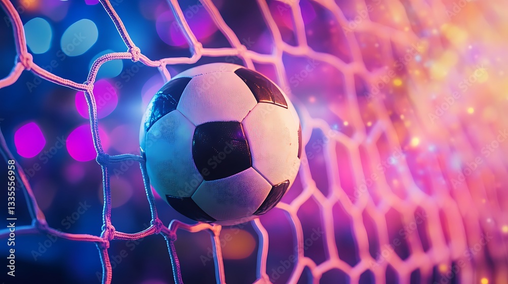 Fototapeta premium A Soccer Ball Perfectly Positions Inside A Goal Net