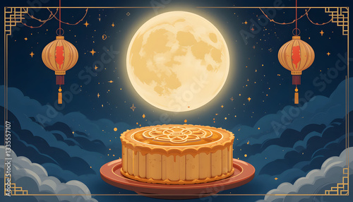Mooncake festival banner illustration. To commemorate and celebrate the end of the autumn harvest, 
