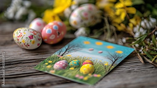 Whimsical Easter Arrangement with Colorful Eggs and Lush Spring Flowers on Wood : Generative AI photo