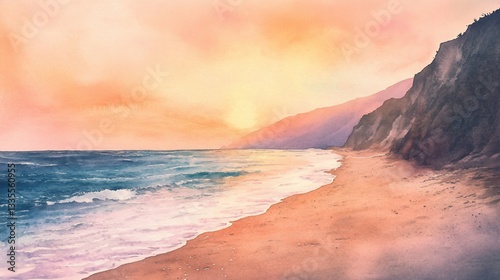 Watercolor painting depicting a serene beach scene at sunset with mountains