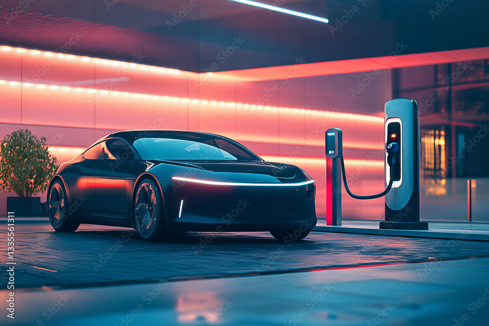 Futuristic Electric Car Charging at High-Tech Station, Modern Transportation Concept Futuristic Electric Car Charging at High-Tech Station, Modern Transportation Concept