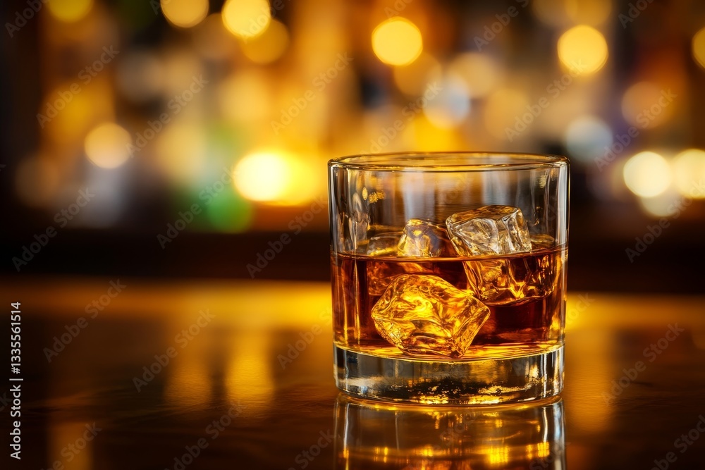 A front view of whiskey on the rocks with bar counter in soft focus captivating stock photography A front view of whiskey on the rocks with bar counter in soft focus captivating stock photography