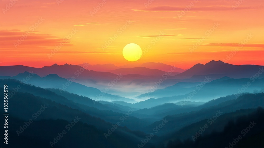 Serene Sunrise over Misty Mountain Ranges Serene Sunrise over Misty Mountain Ranges