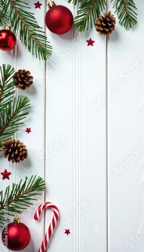 White wood background, ornaments, pine cones, candy canes, snowflake, star , cone, christmas
