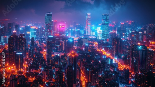 Wallpaper Mural Night cityscape aerial view of a vibrant Asian metropolis with illuminated skyscrapers and glowing roads. Use Stock photo Torontodigital.ca