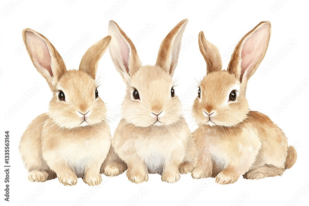 Fototapeta premium Lovely Illustrative Trio of Charming Brown Rabbits Sitting Together with Joyful Expressions : Generative AI