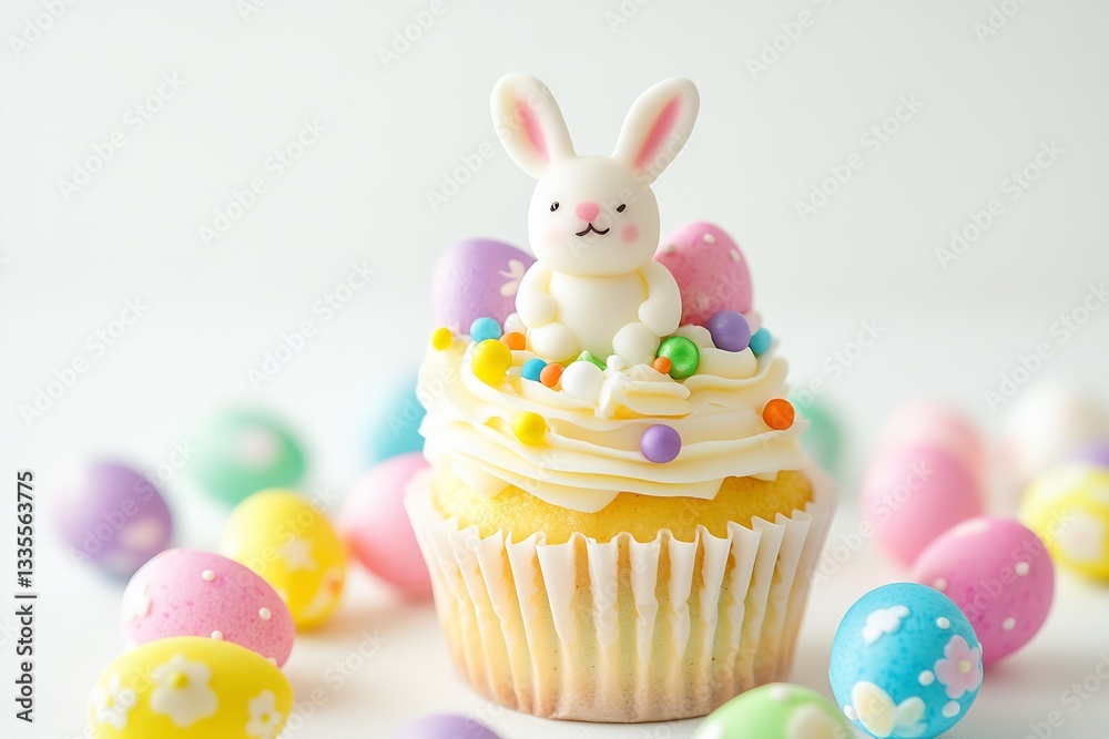 Delicious Easter cupcake with a cute bunny topper surrounded by colorful eggs for a festive celebration : Generative AI