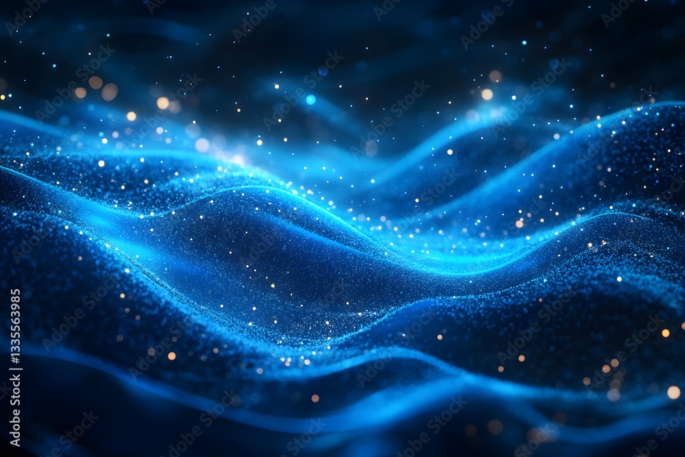 Fototapeta premium Blue light particles and wave glitters in a 3D abstract digital technology stock image,