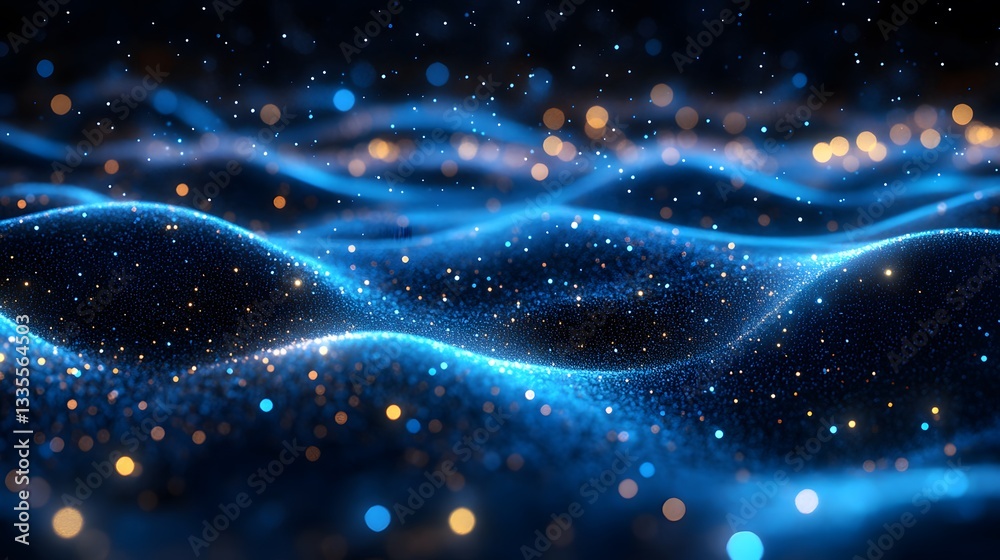 Blue light particles and wave glitters in a 3D abstract digital technology stock image,
Blue light particles and wave glitters in a 3D abstract digital technology stock image,